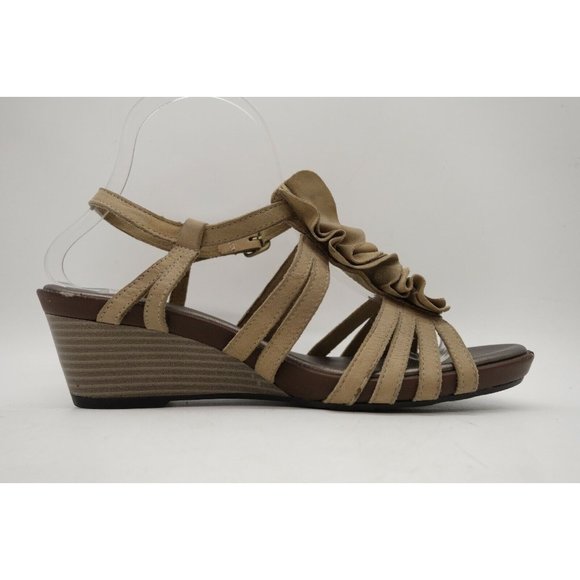 Clarks Bendables Brown Leather Slip On Buckle Wedge Sandals Shoes Women's 8 M - Picture 4 of 10